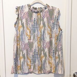 Multicolored sleeveless blouse with crew neck and ruffled style